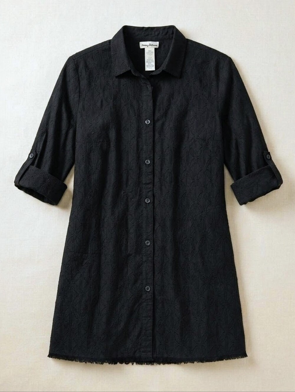 TommyBahama Black Cotton Clip Jacquard Boyfriend Shirt Jacket Dress with Pockets